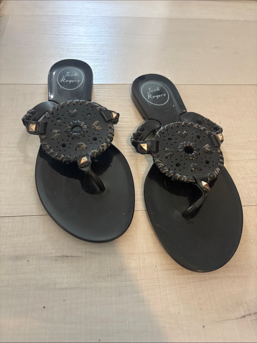 Jack Rogers Black Studded Jelly Thong Sandals with Medallion
